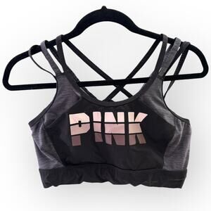 Victoria's Secret PINK Ultimate Logo Gray & Black Sports Bra | Sz L [134]